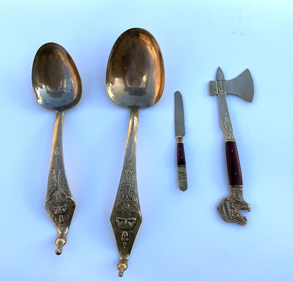 VTG Thailand 4 Pc Buddha Style Bronze Serving Utensil Set Wood Handles Ornate